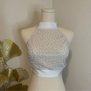 NWOT White and Silver Sequined Sheer Cropped Halter Rave Top